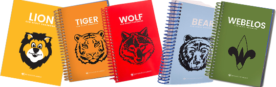 Cub Scout handbooks for Lion, Tiger, Wolf, Bear, and Webelos ranks